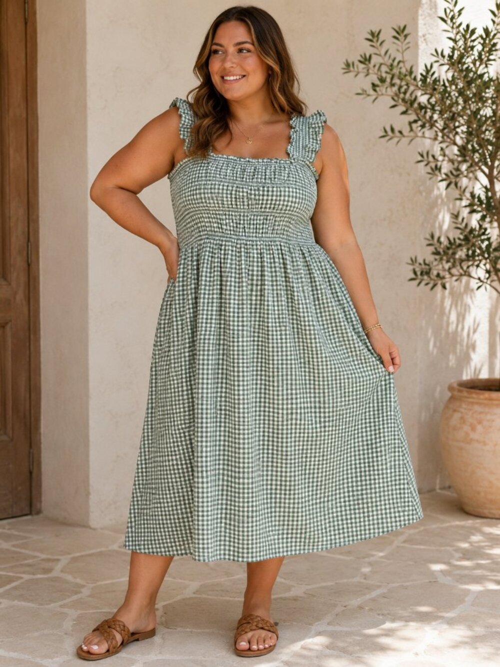 Old Navy Fit & Flare Smocked Gingham Midi Dress Green XXL